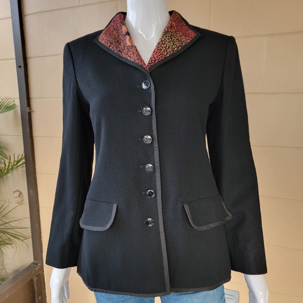 Vintage 70s I Magnin Wool Blazer Black Jacket Women S Floral Lining Casual-Chic